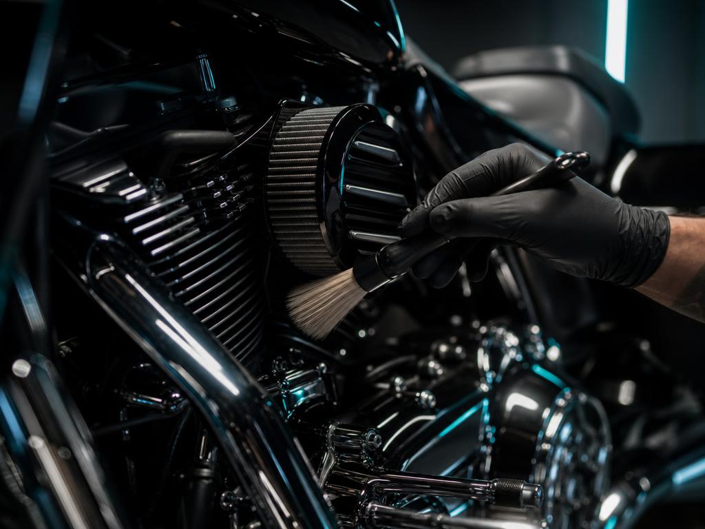 Harley Davidson motor wordt met borstel gedetailleerd