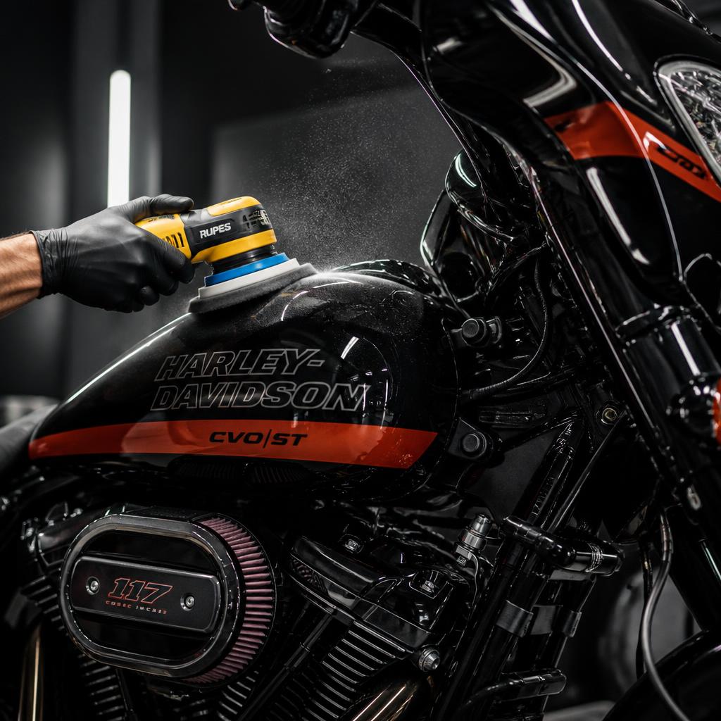 Harley Davidson Street Glide CVO ST wordt gepolijst met mini polijstmachine